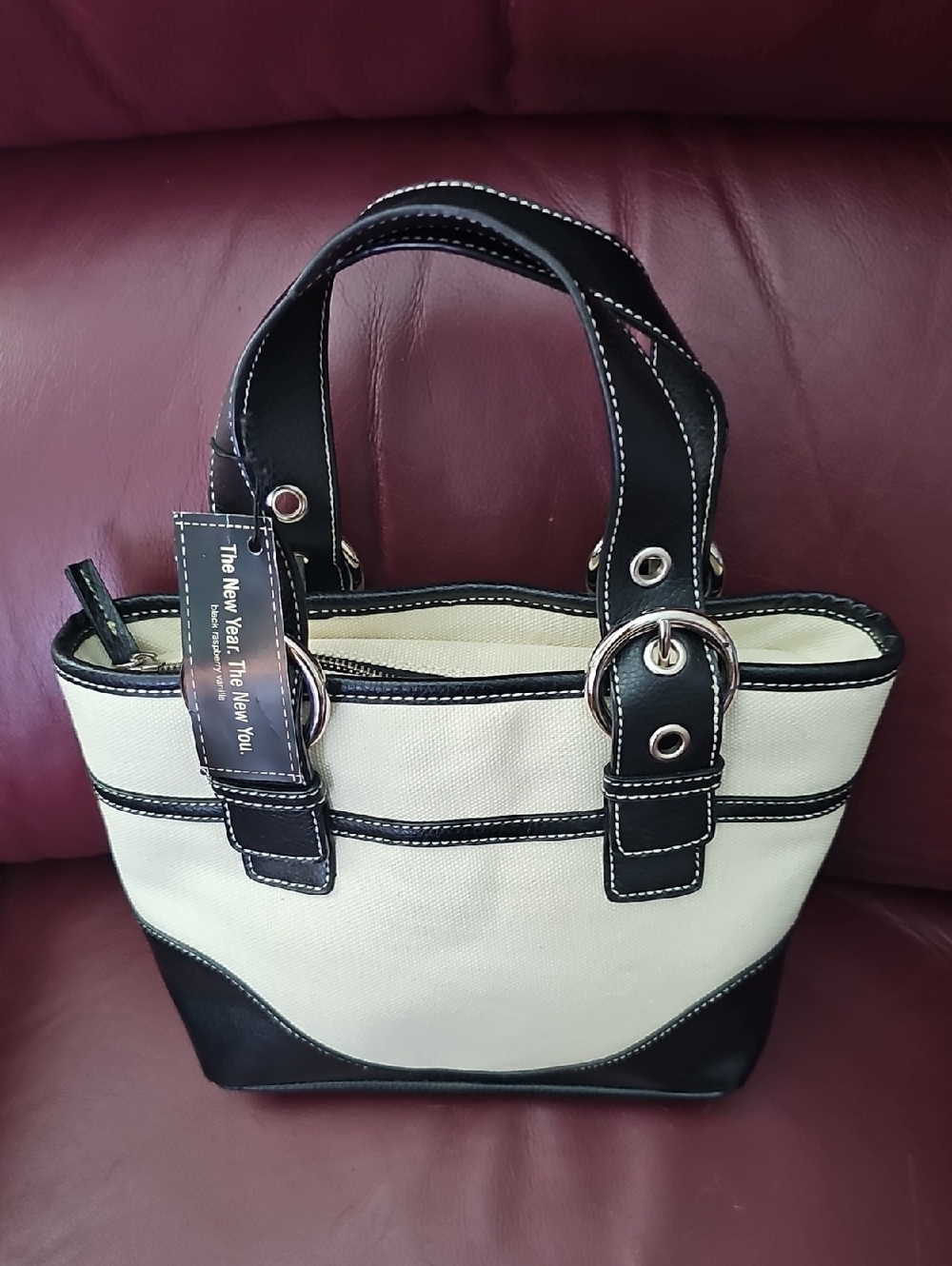 Bath & Body Works Cream and Black Canvas Tote with Faux Leather Trim